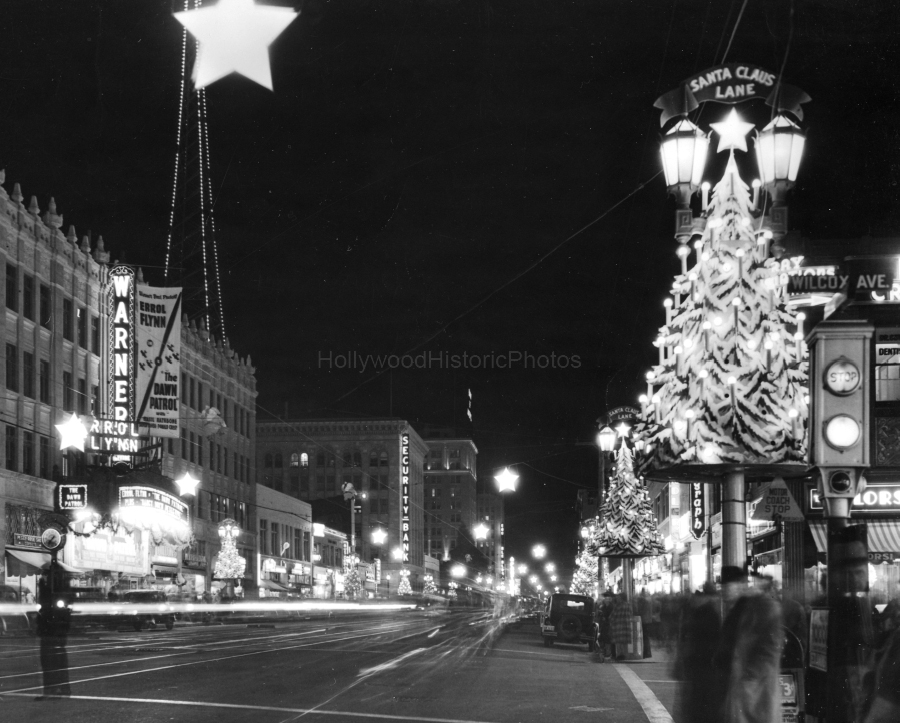 Hollywood 1938 Hollywood Blvd. and Wilcox Ave. decorated for Christmas wm.jpg
